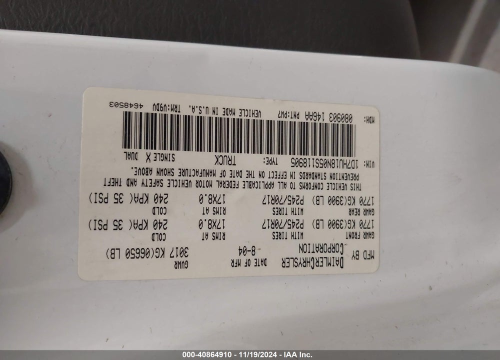 2005 DODGE RAM 1500 SLT/LARAMIE VIN: 1D7HU18N05S118905