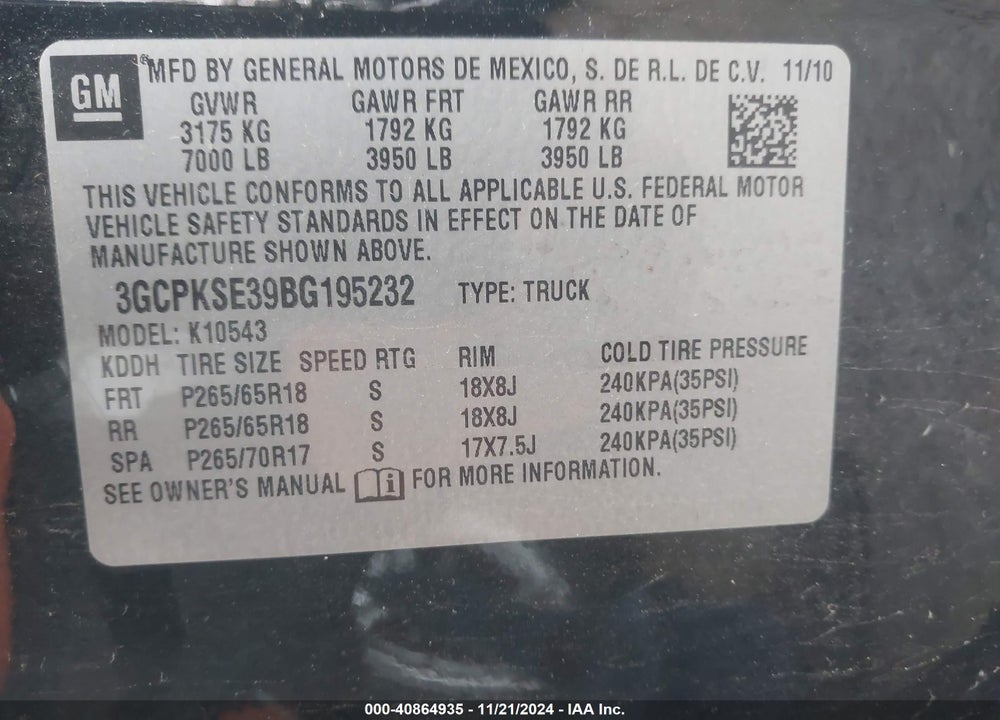 2011 CHEVROLET SILVERADO 1500 LT VIN: 3GCPKSE39BG195232