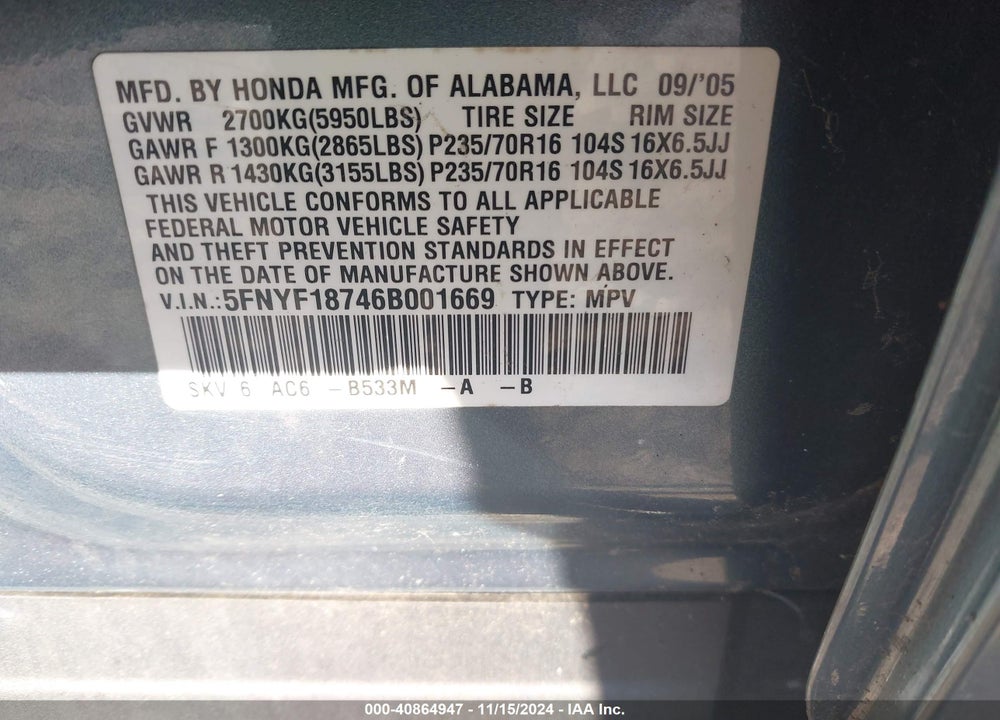 2006 HONDA PILOT EX-L VIN: 5FNYF18746B001669