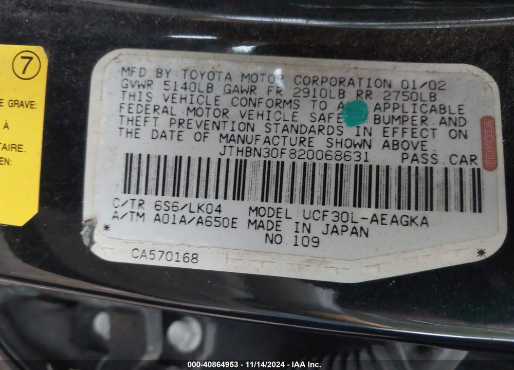 2002 LEXUS LS 430 VIN: JTHBN30F820068631
