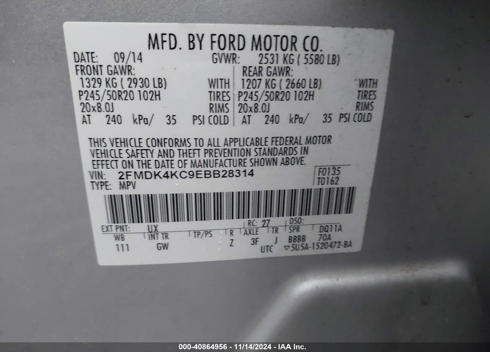 2014 FORD EDGE LIMITED VIN: 2FMDK4KC9EBB28314