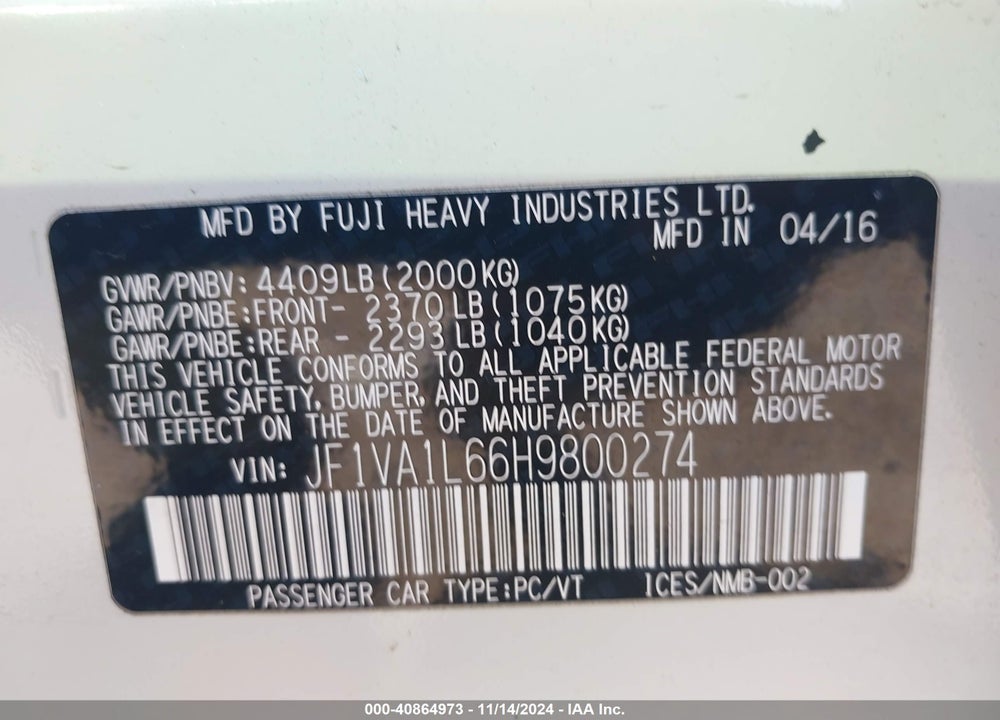 2017 SUBARU WRX VIN: JF1VA1L66H9800274