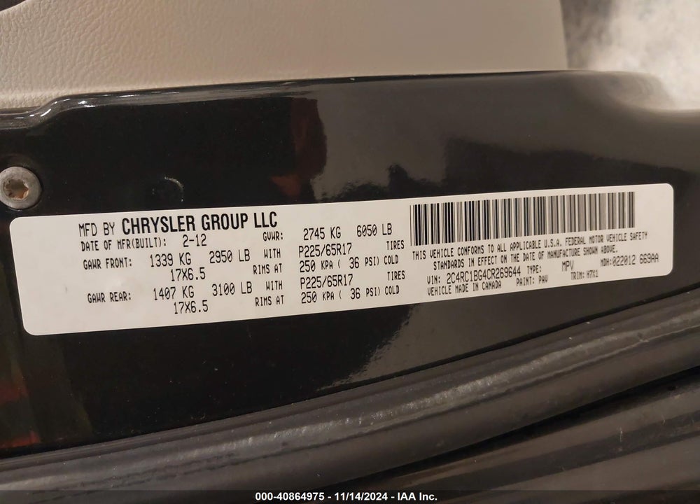2012 CHRYSLER TOWN & COUNTRY TOURING VIN: 2C4RC1BG4CR269644