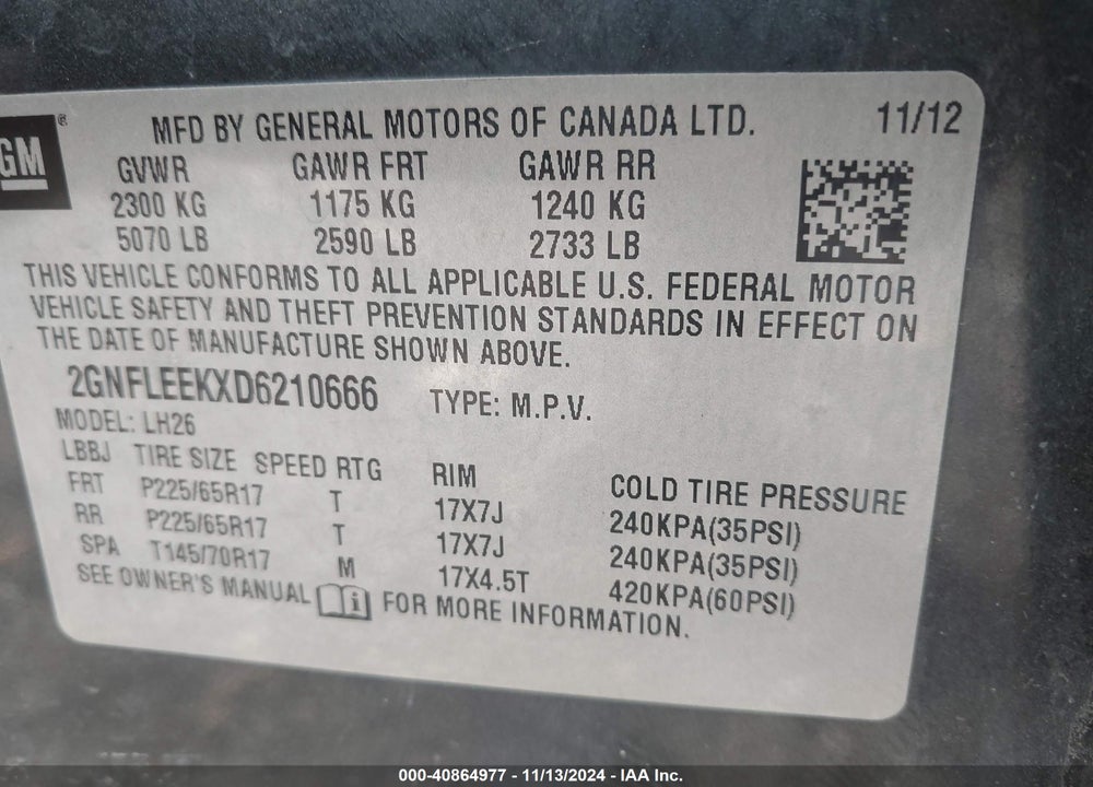 2013 CHEVROLET EQUINOX 1LT VIN: 2GNFLEEKXD6210666