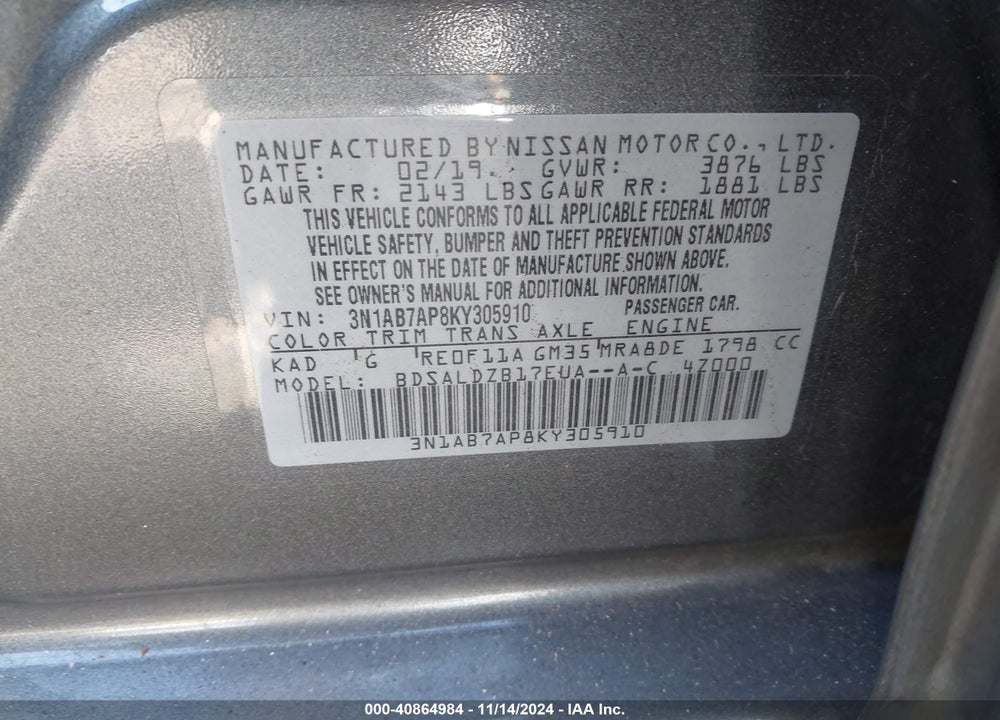 2019 NISSAN SENTRA VIN: 3N1AB7AP8KY305910