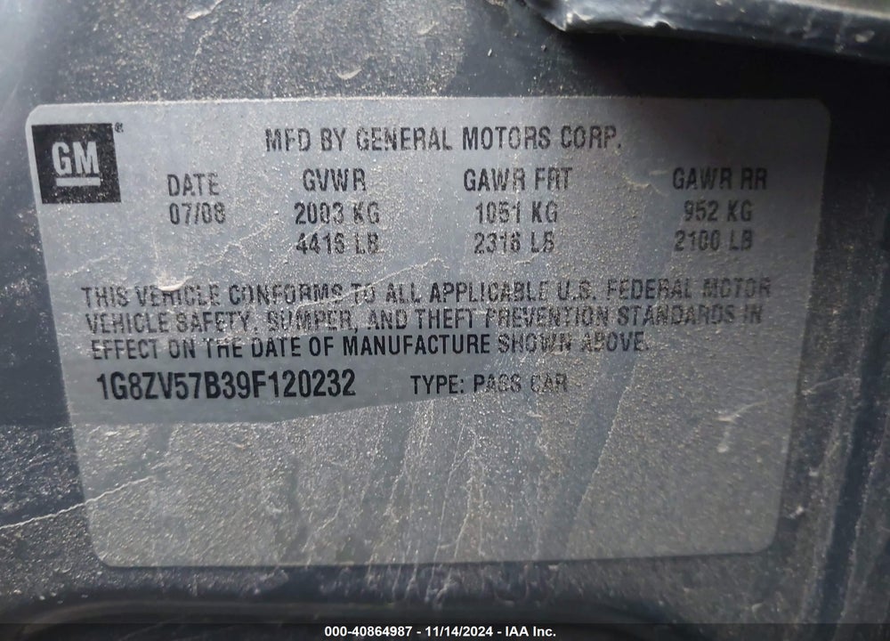 2009 SATURN AURA XR VIN: 1G8ZV57B39F120232