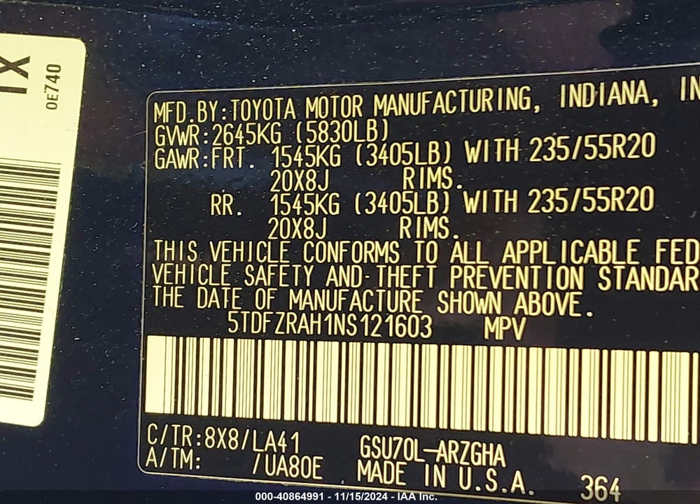 2022 TOYOTA HIGHLANDER PLATINUM VIN: 5TDFZRAH1NS121603