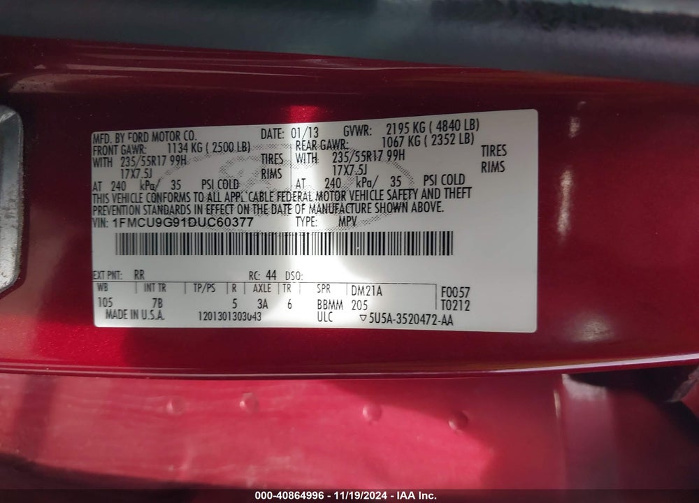 2013 FORD ESCAPE SE VIN: 1FMCU9G91DUC60377