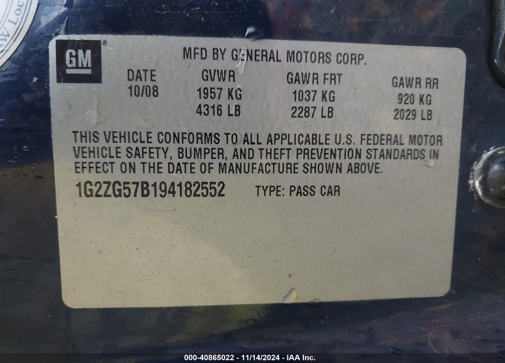 2009 PONTIAC G6 VIN: 1G2ZG57B194182552
