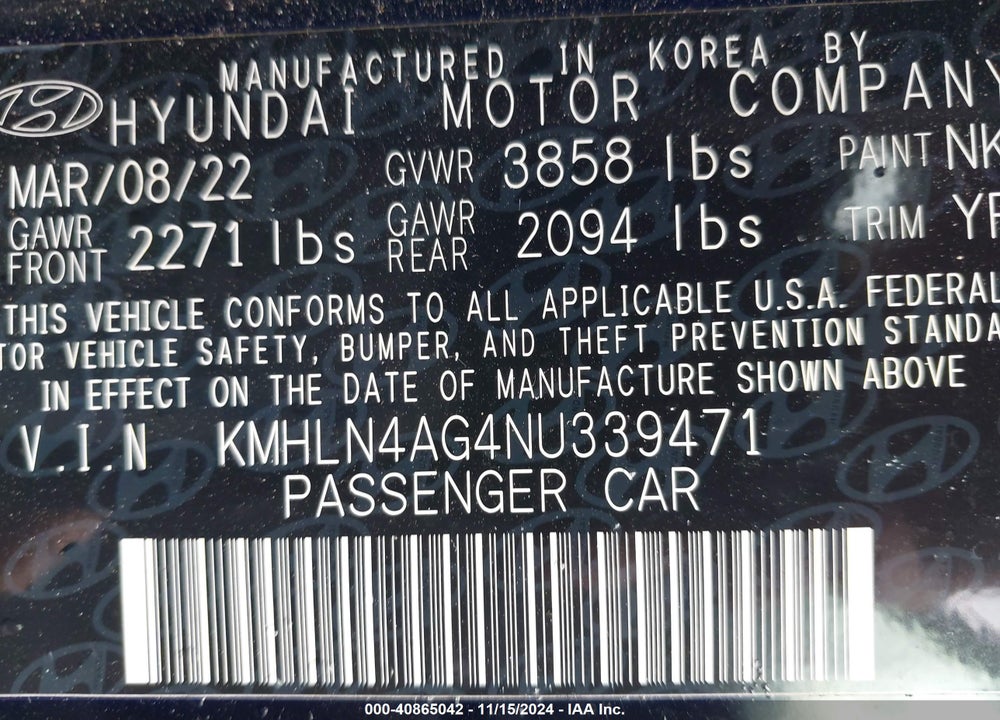 2022 HYUNDAI ELANTRA SEL VIN: KMHLN4AG4NU339471