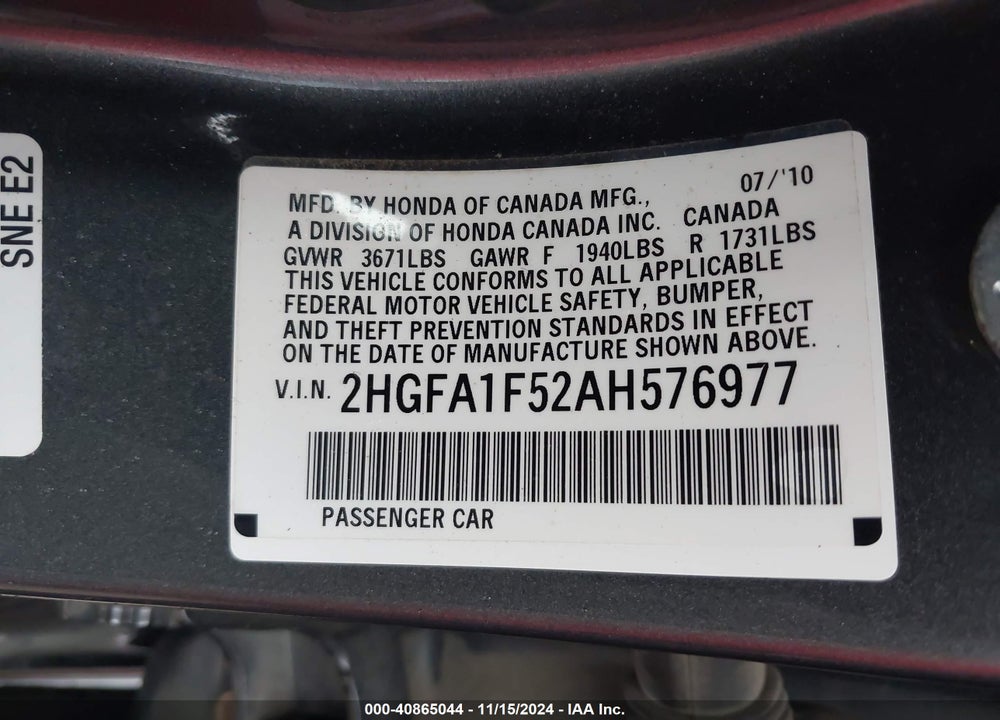 2010 HONDA CIVIC LX VIN: 2HGFA1F52AH576977