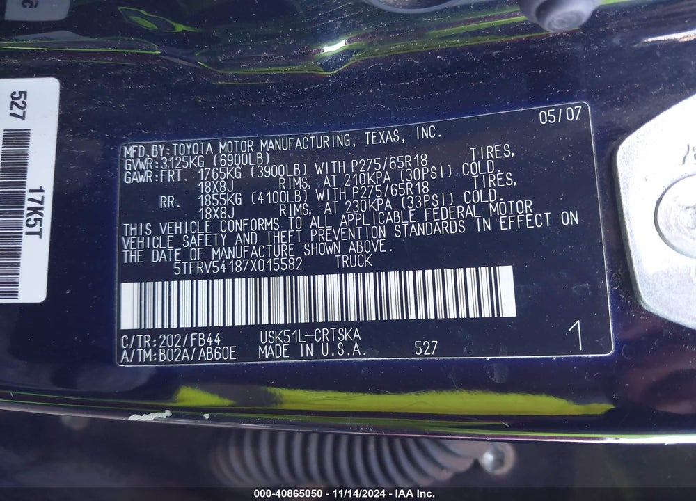 2007 TOYOTA TUNDRA SR5 V8 VIN: 5TFRV54187X015582
