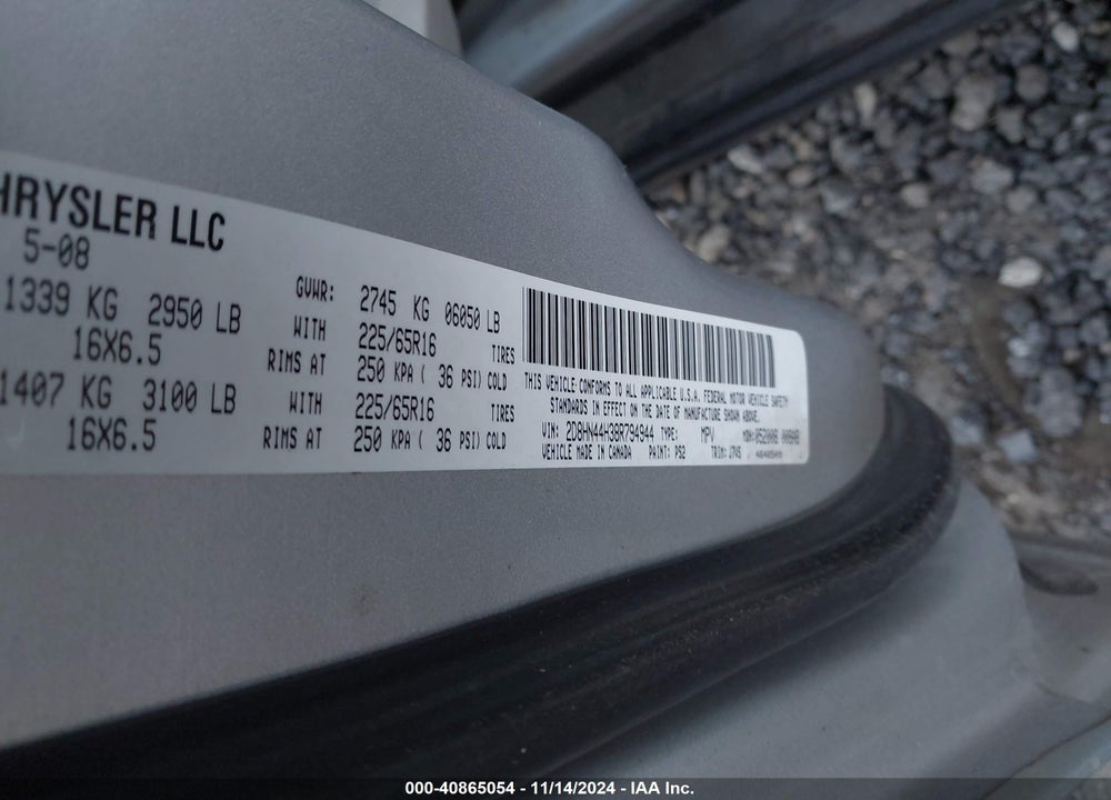 2008 DODGE GRAND CARAVAN SE VIN: 2D8HN44H38R794944