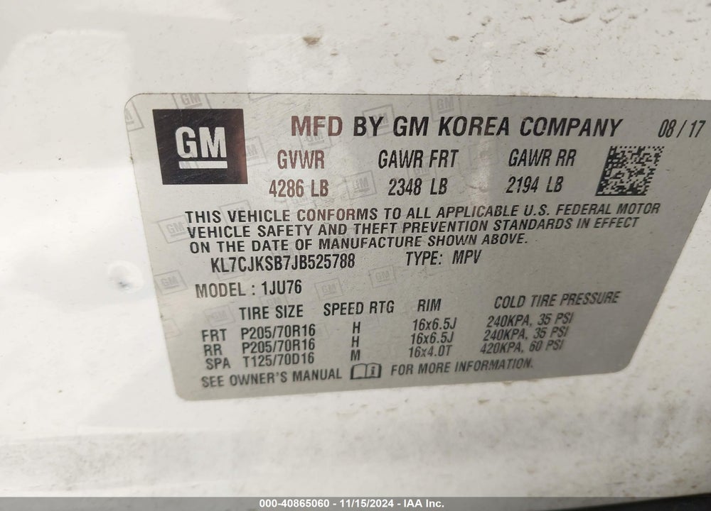 2018 CHEVROLET TRAX VIN: KL7CJKSB7JB525788