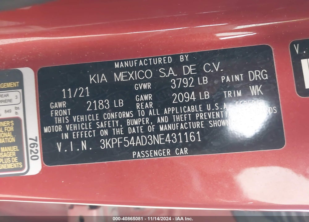 2022 KIA FORTE VIN: 3KPF54AD3NE431161