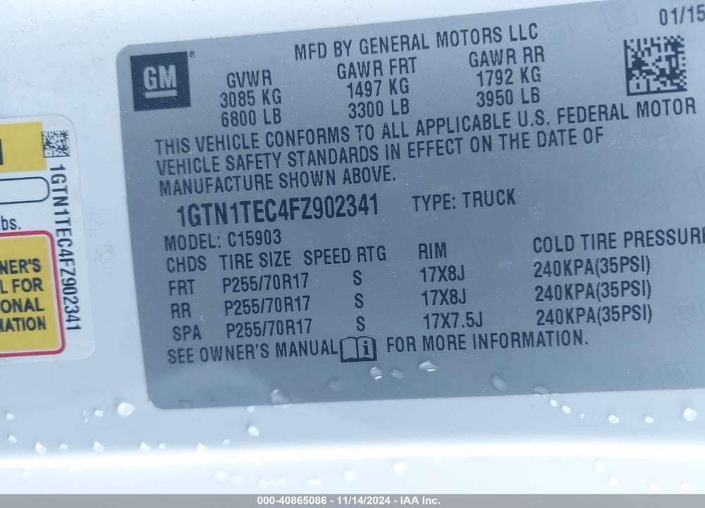 2015 GMC SIERRA 1500 VIN: 1GTN1TEC4FZ902341