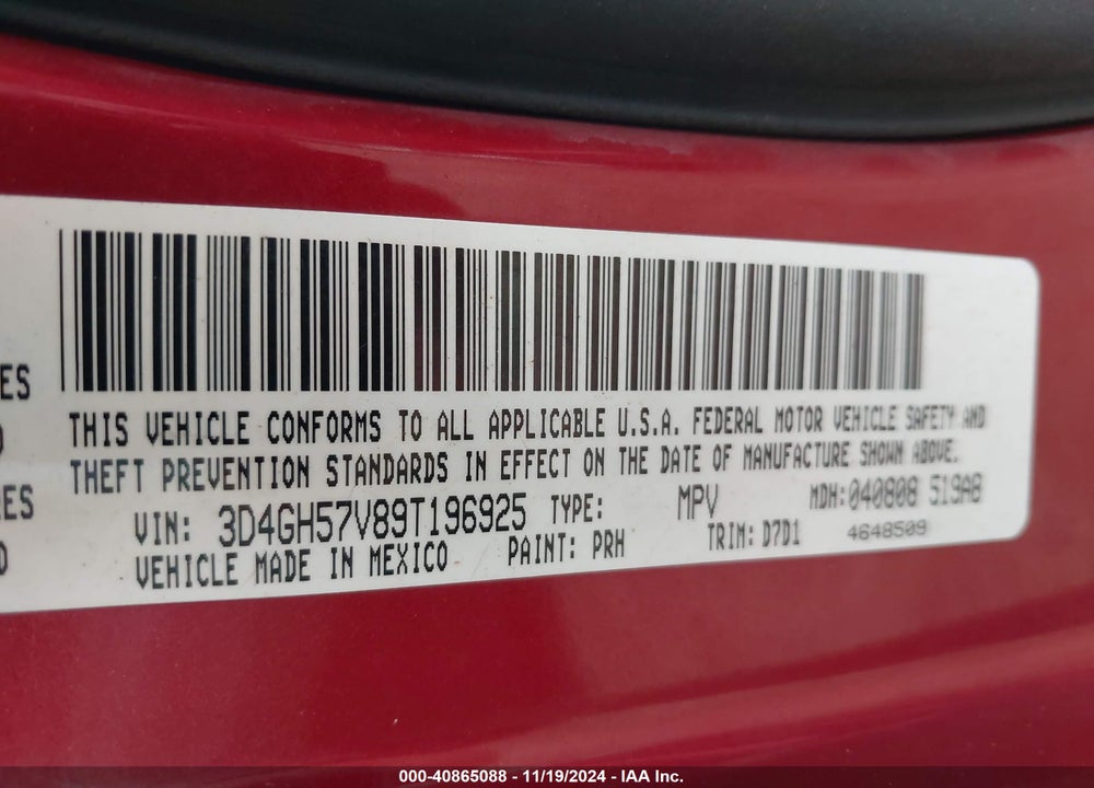 2009 DODGE JOURNEY SXT VIN: 3D4GH57V89T196925