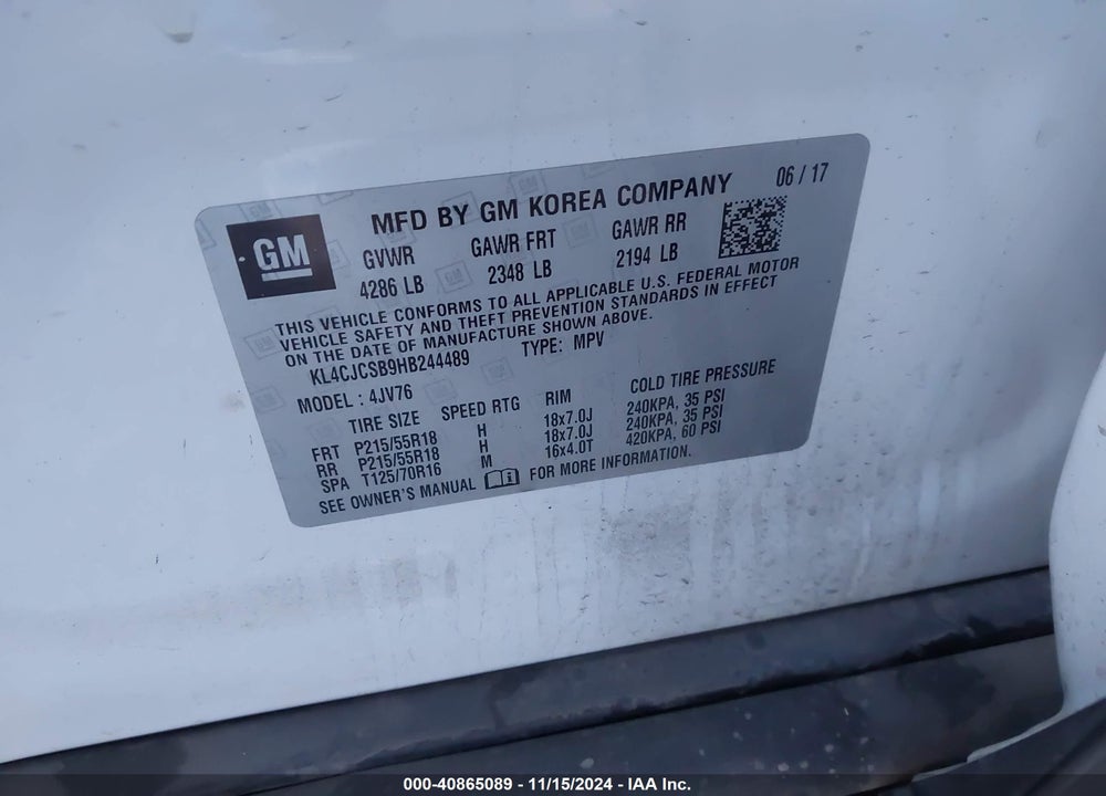 2017 BUICK ENCORE ESSENCE VIN: KL4CJCSB9HB244489