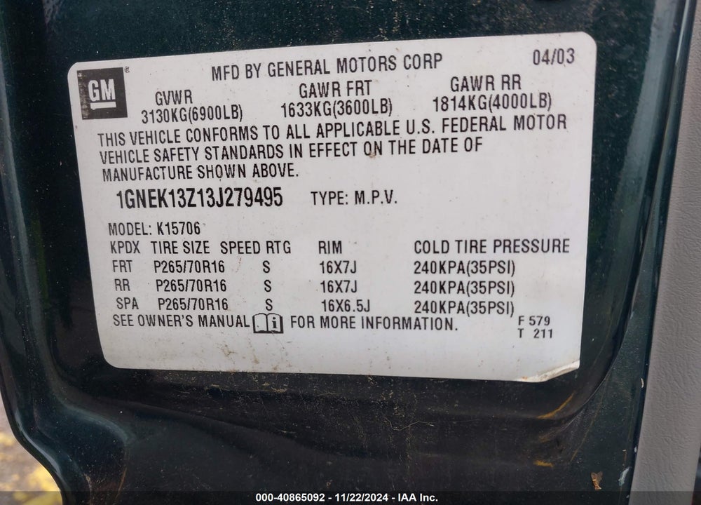 2003 CHEVROLET TAHOE LT VIN: 1GNEK13Z13J279495