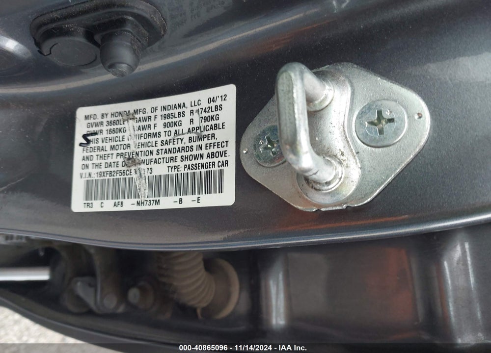 2012 HONDA CIVIC LX VIN: 19XFB2F56CE061173