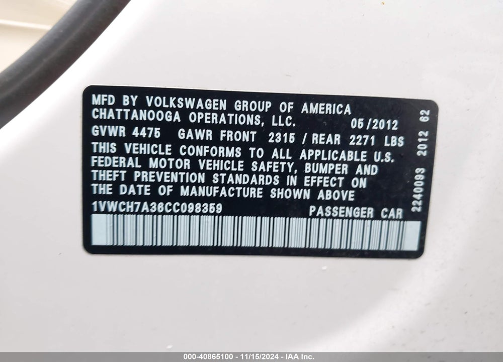 2012 VOLKSWAGEN PASSAT 2.5L SEL PREMIUM VIN: 1VWCH7A36CC098359