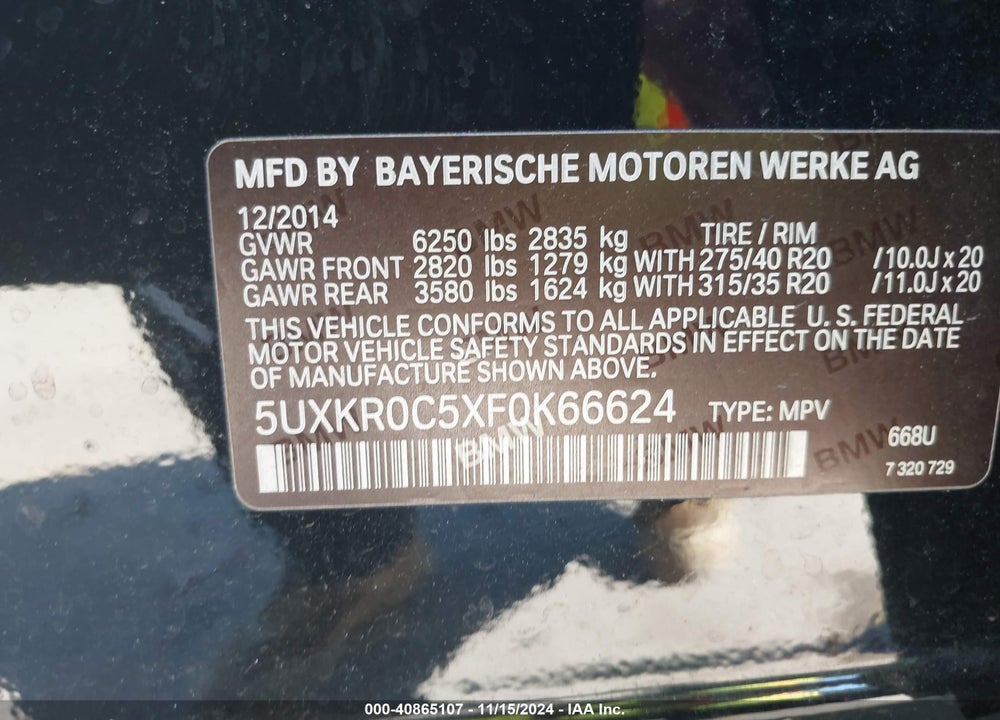 2015 BMW X5 XDRIVE35I VIN: 5UXKR0C5XF0K66624