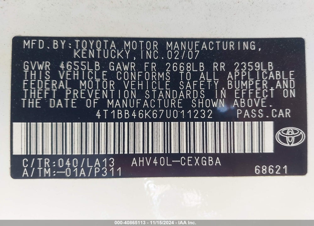 2007 TOYOTA CAMRY HYBRID VIN: 4T1BB46K67U011232