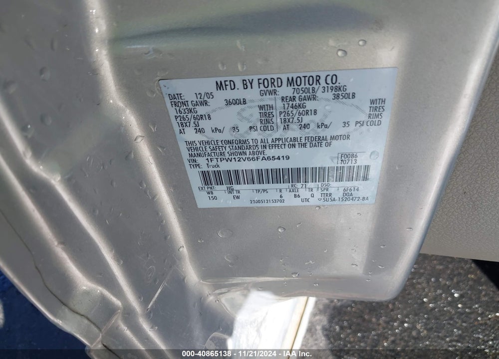 2006 FORD F-150 LARIAT/XLT VIN: 1FTPW12V66FA65419