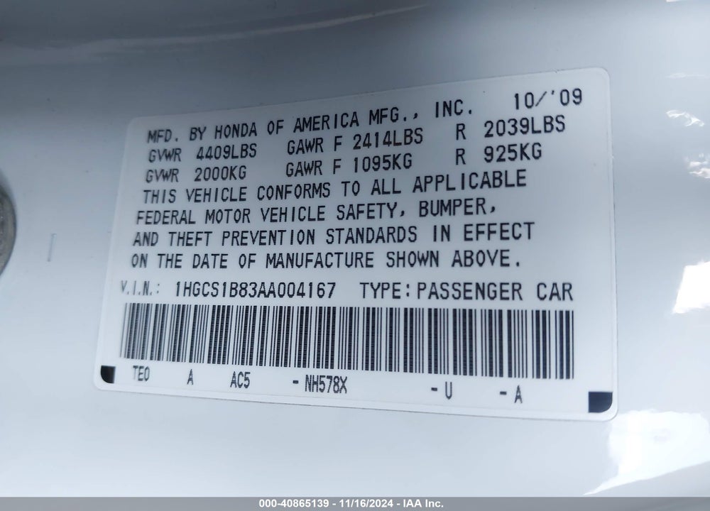 2010 HONDA ACCORD 2.4 EX-L VIN: 1HGCS1B83AA004167