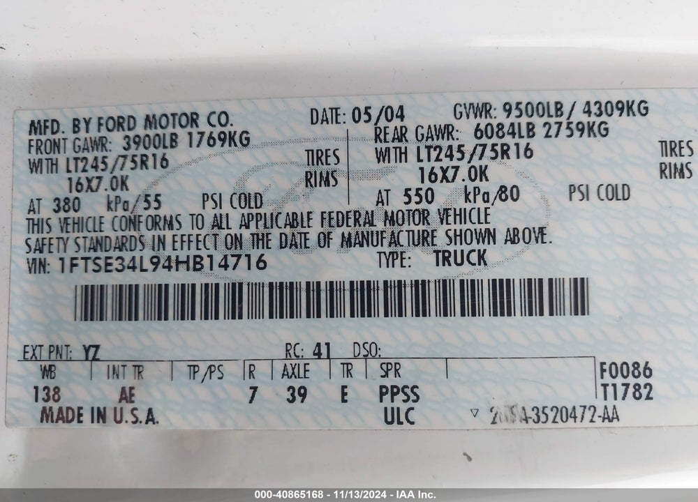 2004 FORD ECONOLINE COMMERCIAL/RECREATIONAL VIN: 1FTSE34L94HB14716