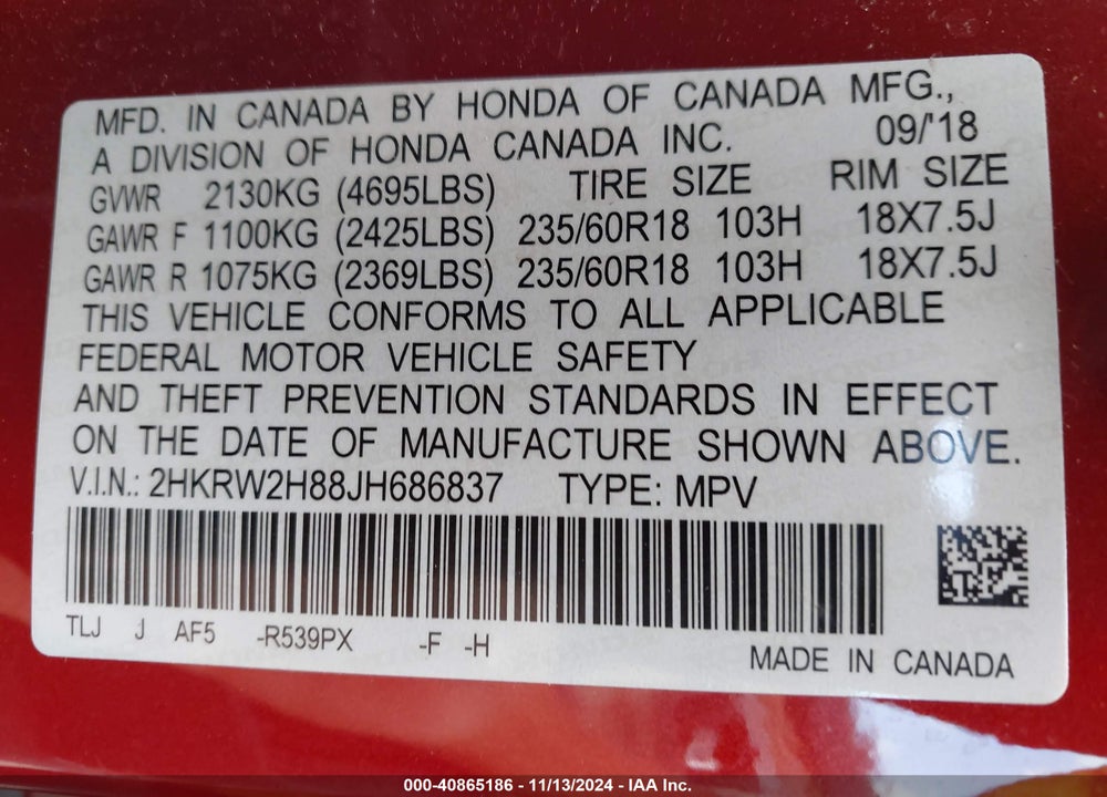 2018 HONDA CR-V EX-L/EX-L NAVI VIN: 2HKRW2H88JH686837