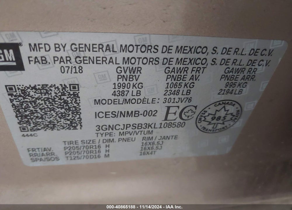 2019 CHEVROLET TRAX LT VIN: 3GNCJPSB3KL108580