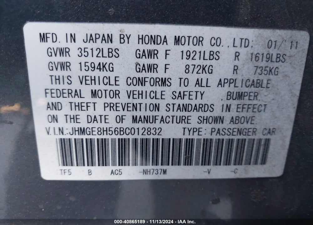 2011 HONDA FIT SPORT VIN: JHMGE8H56BC012832