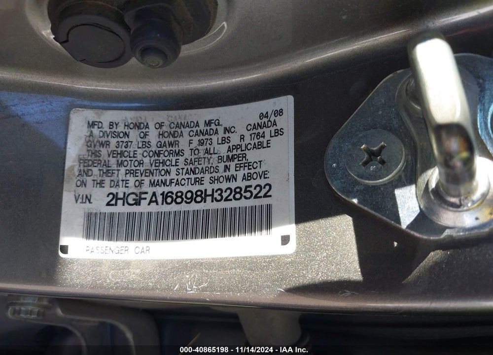 2008 HONDA CIVIC EX VIN: 2HGFA16898H328522