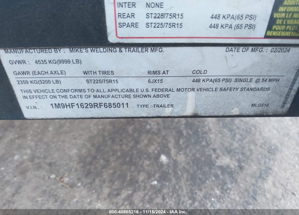2024 TRAILER MIKW VIN: 1M9HF1629RF685011