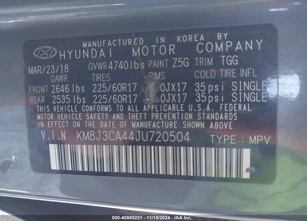 2018 HYUNDAI TUCSON SEL VIN: KM8J3CA44JU720504