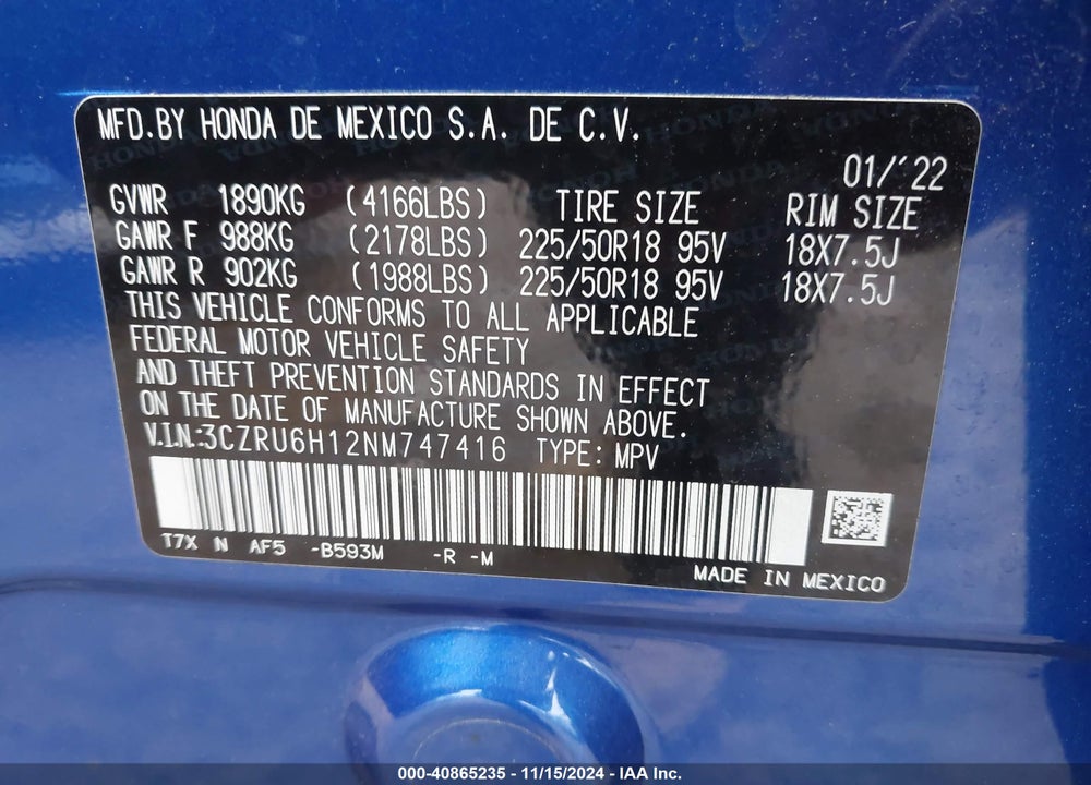 2022 HONDA HR-V AWD SPORT VIN: 3CZRU6H12NM747416
