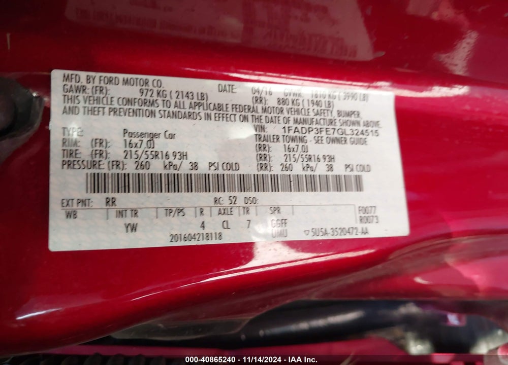 2016 FORD FOCUS SE VIN: 1FADP3FE7GL324515