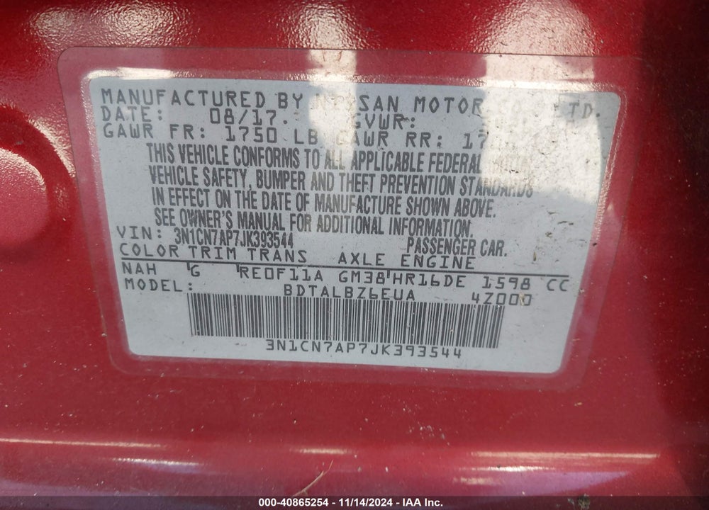 2018 NISSAN VERSA VIN: 3N1CN7AP7JK393544
