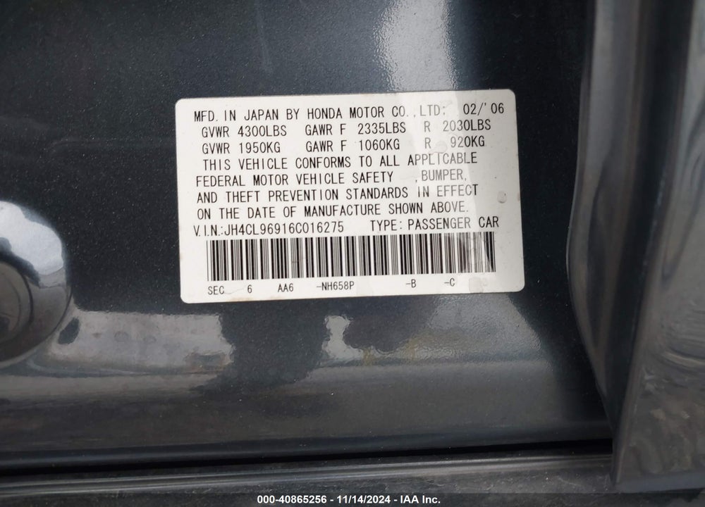 2006 ACURA TSX VIN: JH4CL96916C016275