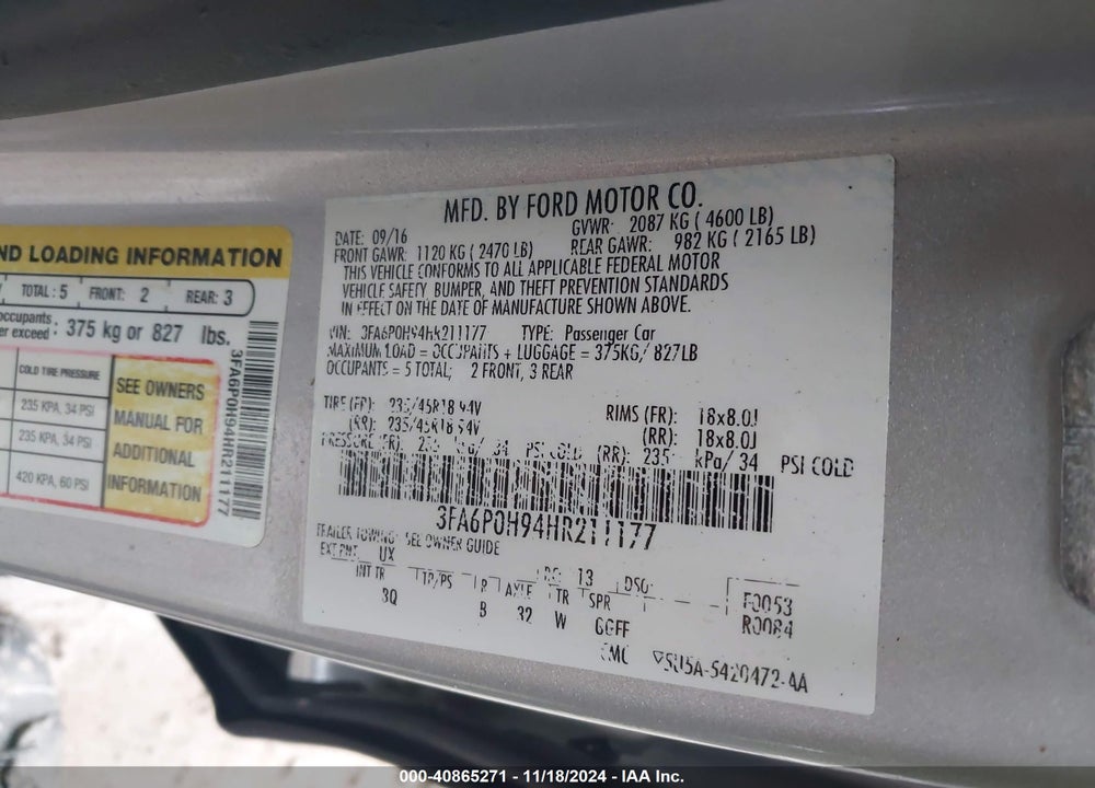 2017 FORD FUSION SE VIN: 3FA6P0H94HR211177