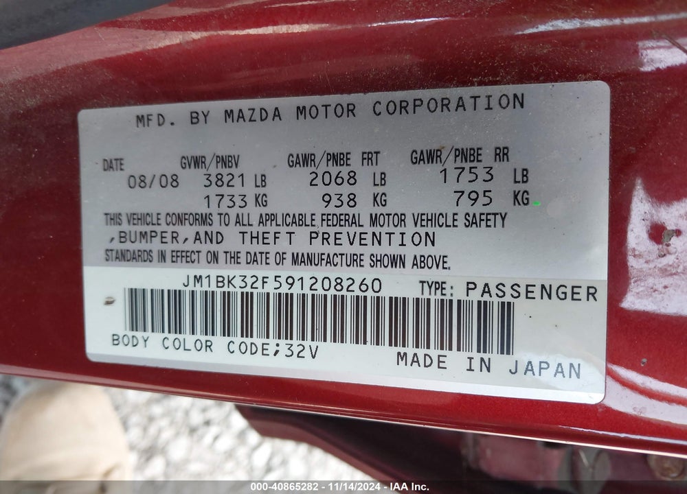 2009 MAZDA 3 I VIN: JM1BK32F591208260