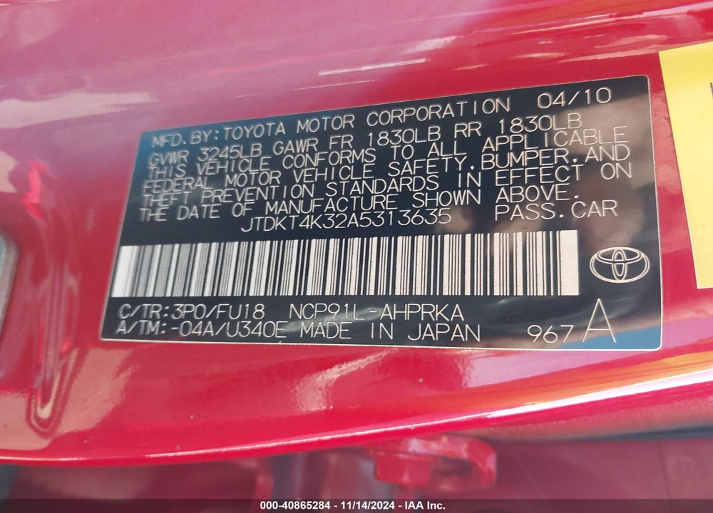 2010 TOYOTA YARIS VIN: JTDKT4K32A5313635