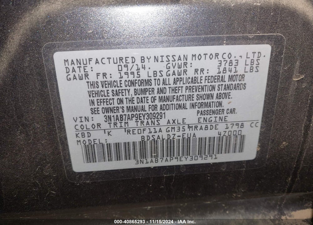 2014 NISSAN SENTRA SV VIN: 3N1AB7AP9EY309291