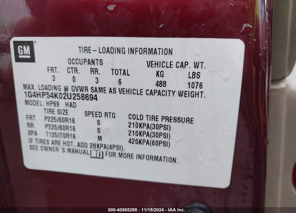 2002 BUICK LESABRE CUSTOM VIN: 1G4HP54K02U258694