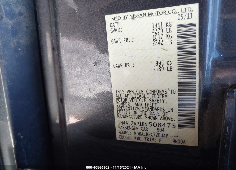 2011 NISSAN ALTIMA 2.5 S VIN: 1N4AL2AP1BN508475