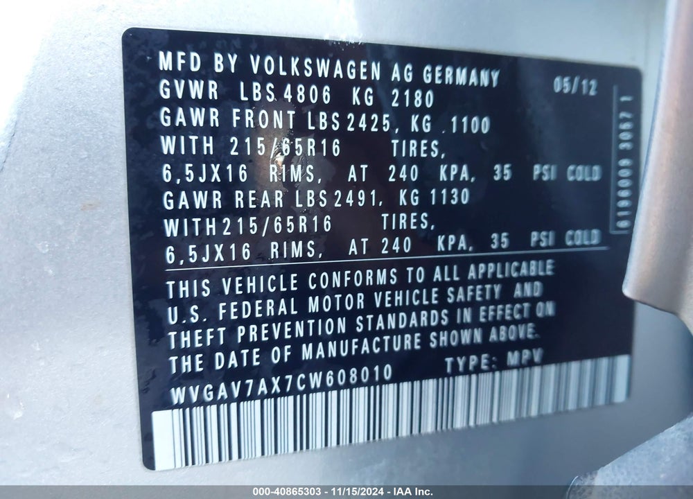 2012 VOLKSWAGEN TIGUAN S VIN: WVGAV7AX7CW608010