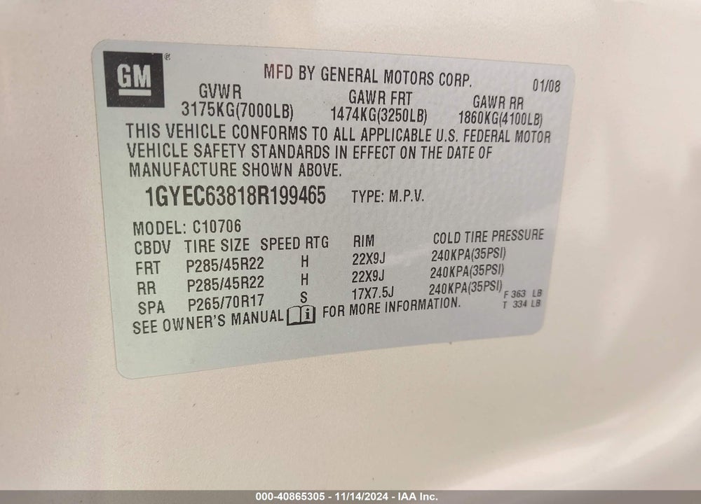 2008 CADILLAC ESCALADE STANDARD VIN: 1GYEC63818R199465