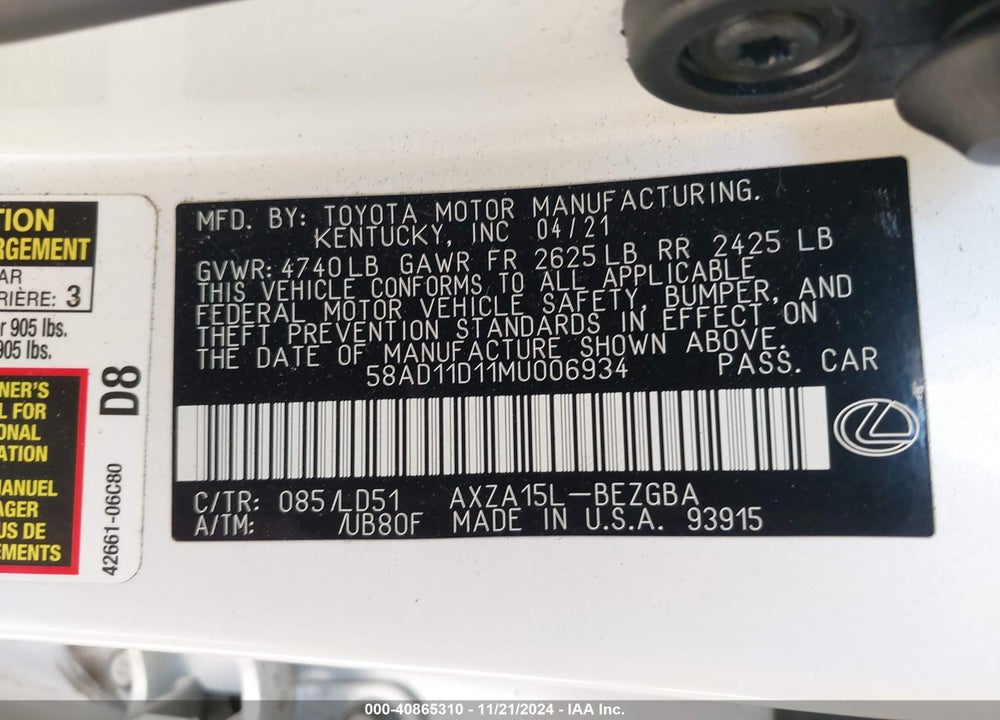 2021 LEXUS ES VIN: 58AD11D11MU006934