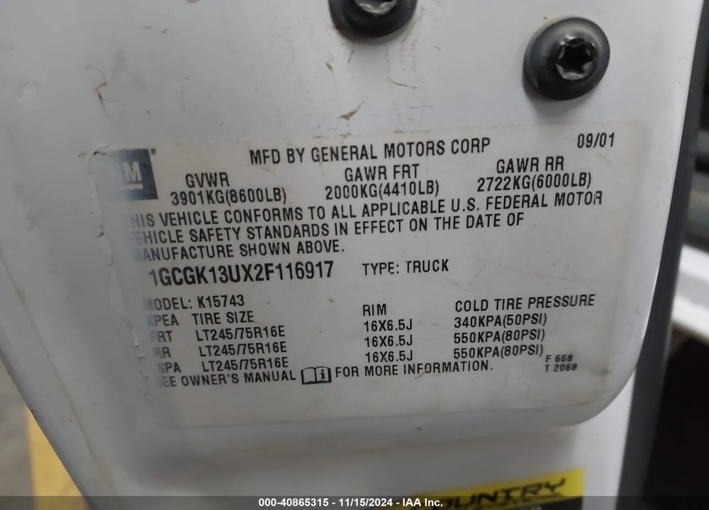 2002 CHEVROLET SILVERADO 1500HD LS VIN: 1GCGK13UX2F116917